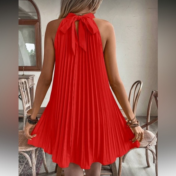 Elegant Cream and Rust Pleated Halter Dress - Picture 4 of 16